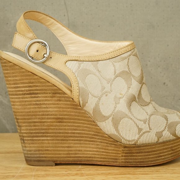 COACH Logo Pattern Wedge Slingback Platform Shoes JANET Model Size 8.5 B A8186 - Picture 2 of 8
